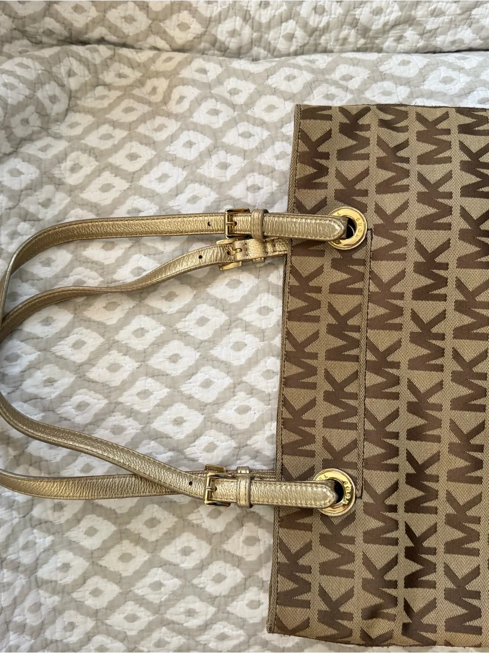 Michael Kors Tan/Brown MK Signature Tote with Gold Straps